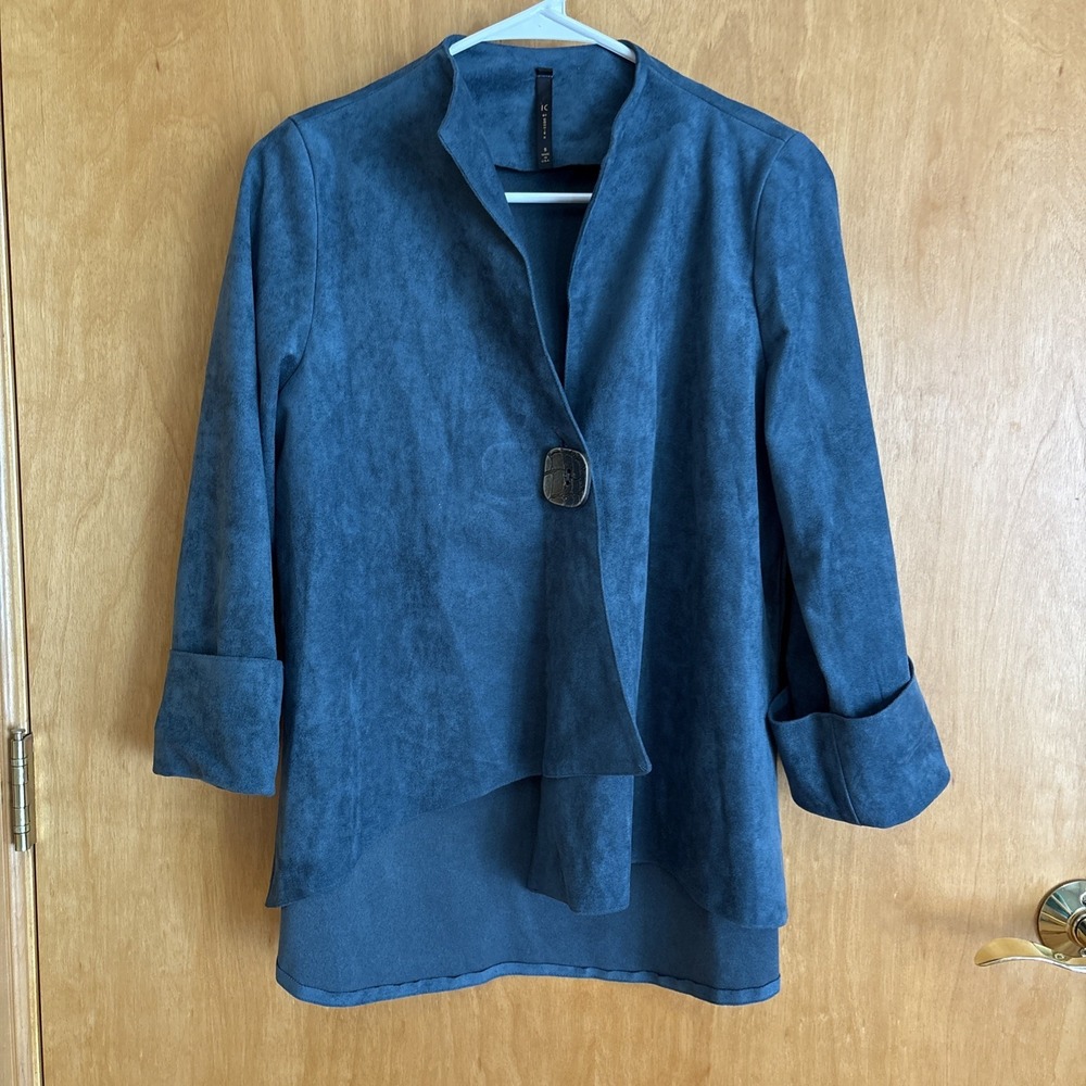 IC by Connie K Teal Blue Faux Suede Asymmetrical Hem Jacket Small